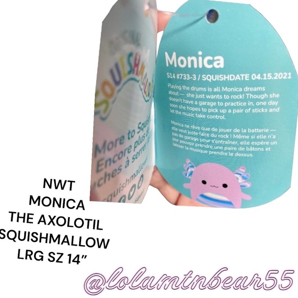 NEW W/TAGS LRG 14” MONICA THE AXOLOTL WITH RAINBOW 🌈 SHINY BELLY SQUISHMALLOW - Picture 4 of 7